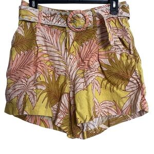 Tahari 100% Linen Shorts Size 8 Yellow Tropical Floral Hawaiian Beachy Vacation